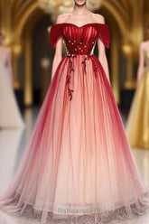 Red Off the Shoulder Long Tulle Semi Formal Prom Dress with Beading, Party Gown with Sequins